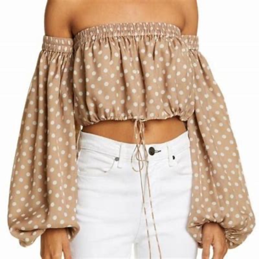 Amur Rosaline Silk Polka Dot Off-The-Shoulders Crop Top Blouse Beige Nat…